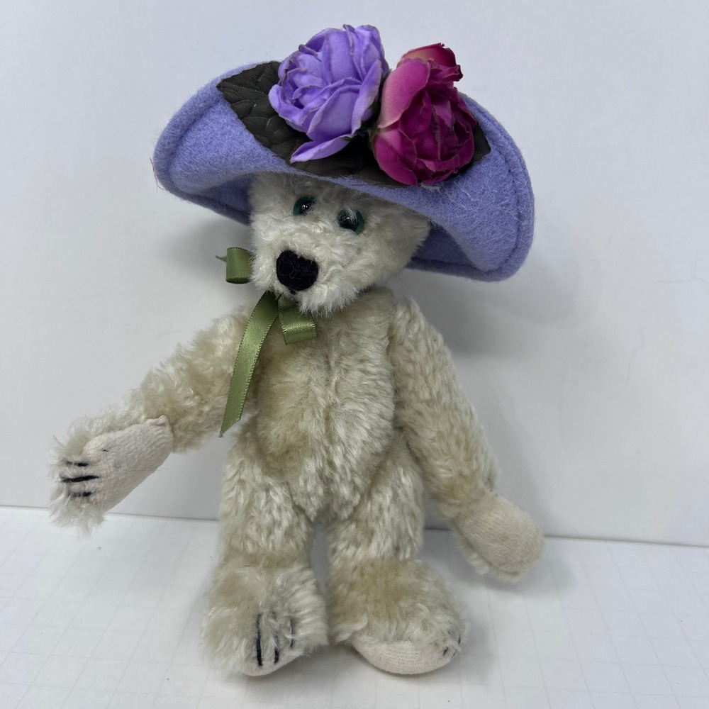 Boyds Bears Twila Higgenthorpe 7 inch Cream Purple Floral Hat Jointed Plush Bear